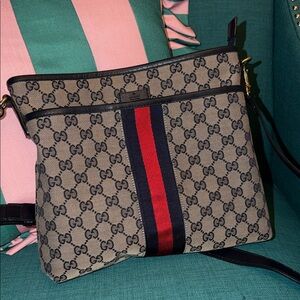 Gucci Beige Monogram Crossbody with Navy & Red Web Stripe